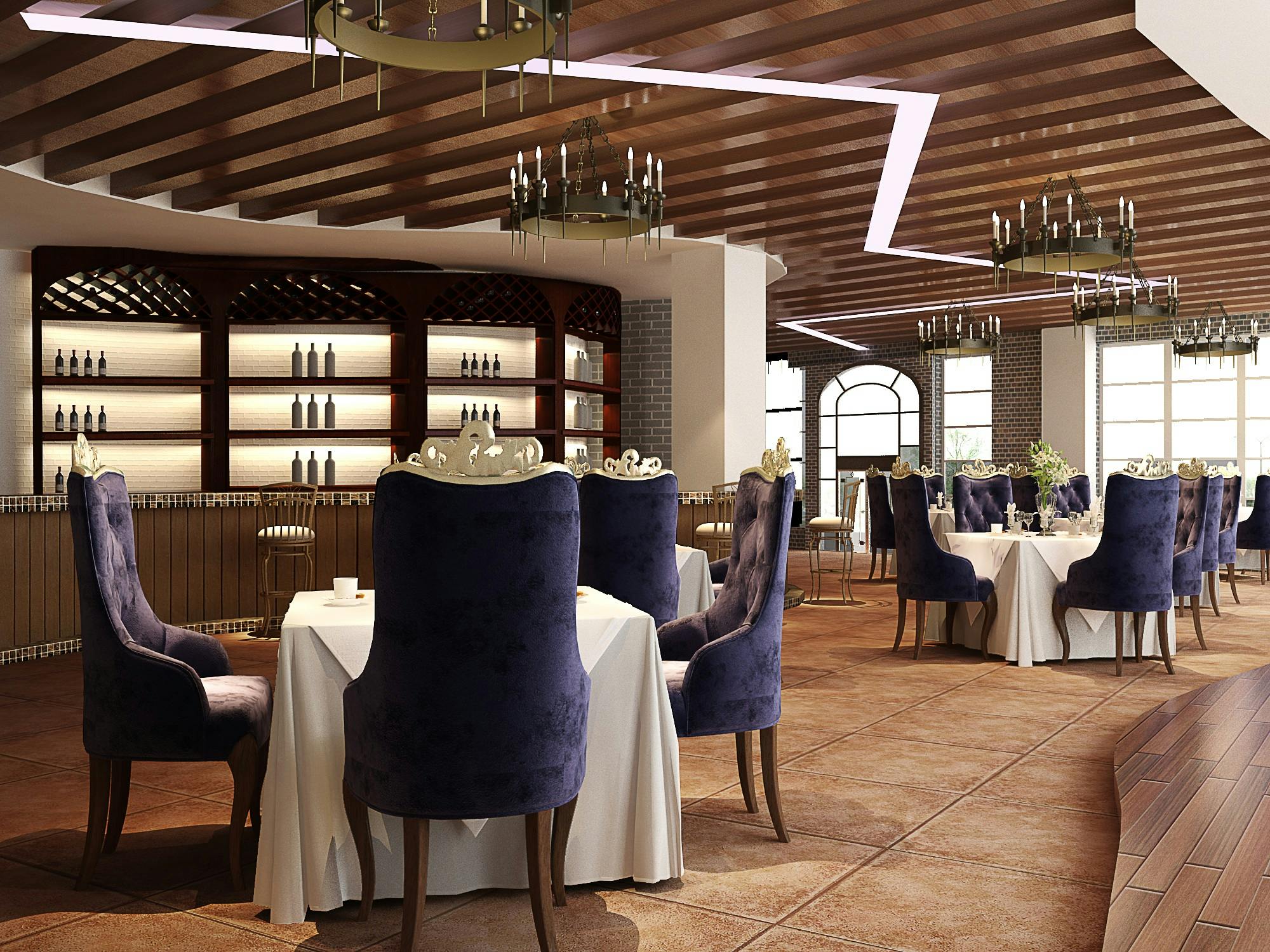 Sophisticated luxury restaurant interior featuring elegant chandeliers and plush seating, perfect for fine dining.